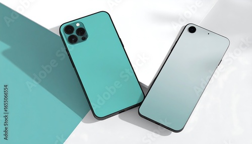 Two modern smartphones, one teal, one light teal-gray, rest on a white surface with teal-colored shadow, showcasing sleek designs.