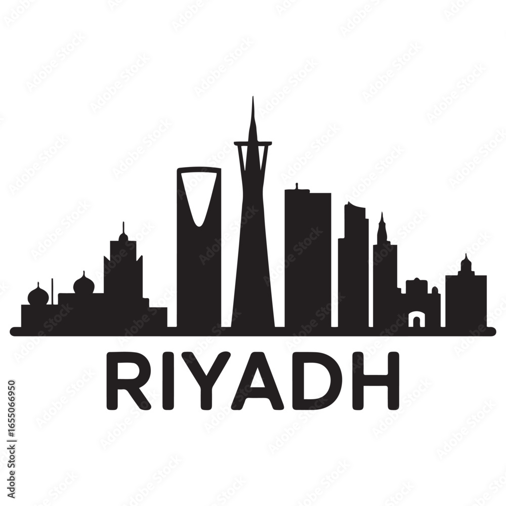 Fototapeta premium Vector Riyadh skyline. Travel Riyadh famous landmarks. Business and tourism concept for presentation, banner, web site. Vector black silhouette. with white background