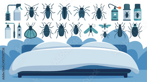 Infestation Prevention Bed Bug Control in Bedroom with Insecticide Sprays and Various Bugs Around Vector Illustration
