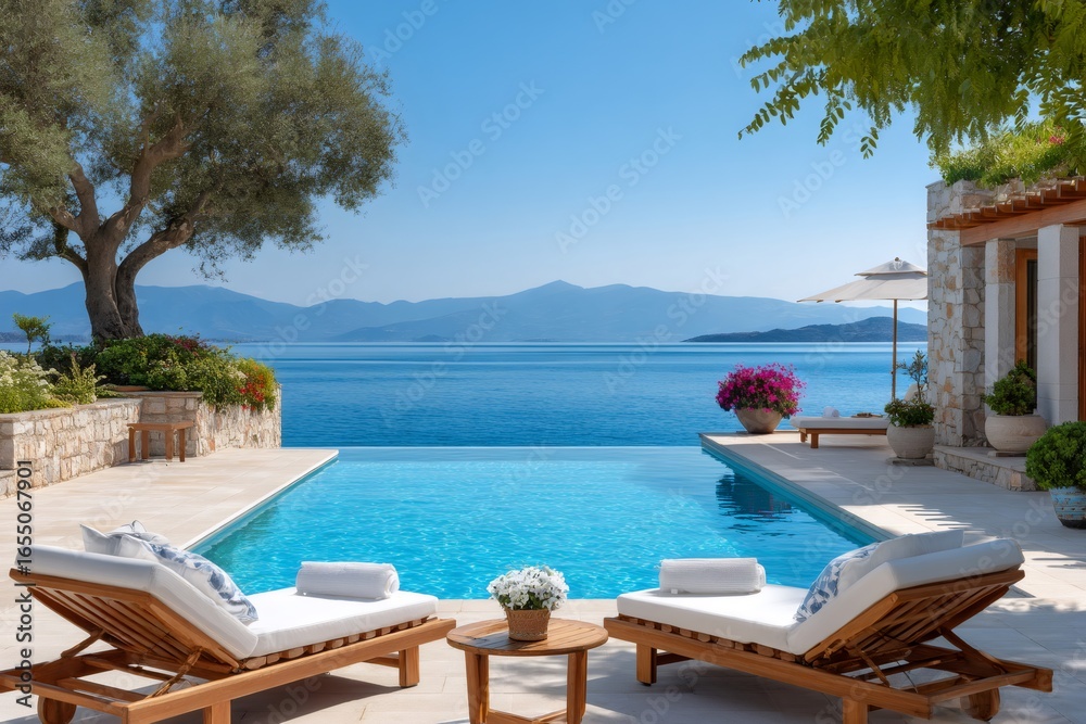 Fototapeta premium Infinity pool overlooking tranquil ocean with breathtaking mountain view