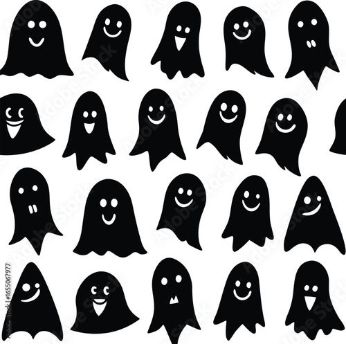 Vector art of a collection of cute and spooky black ghosts with happy faces, isolated on a, perfect for halloween