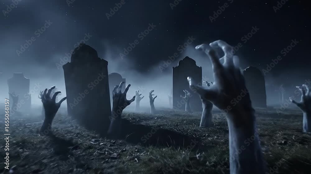 A chilling graveyard scene at night with numerous zombie hands emerging from the misty ground, reaching upwards towards the dark sky, with tombstones silhouetted in the background.