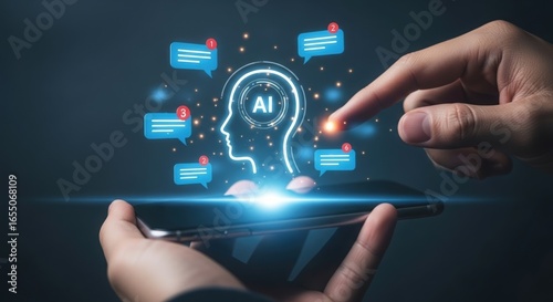 Human hands interact with a glowing digital artificial intelligence brain interface displaying communication bubbles