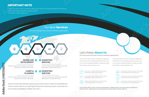 Brochure layout: blue and white, curved design elements, text blocks, icons, world map backdrop, professional, clean, modern, bright, informative, circles, hexagons, connected shapes.