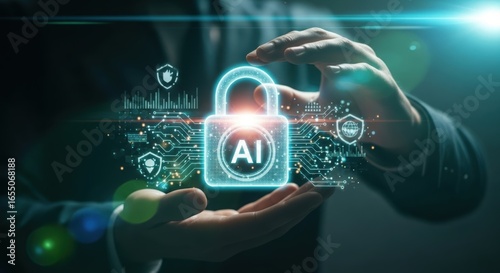 Futuristic artificial intelligence security concept with glowing digital padlock and circuit board elements