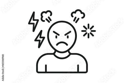 Frustration and anger expressed through facial representation with graphic elements illustrating emotions