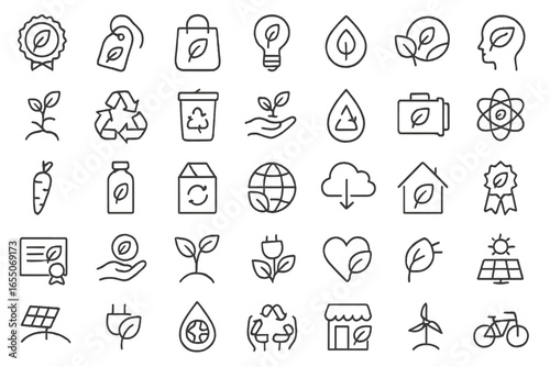 Icons representing sustainability, eco-friendly concepts, and environmental awareness in a minimalist style