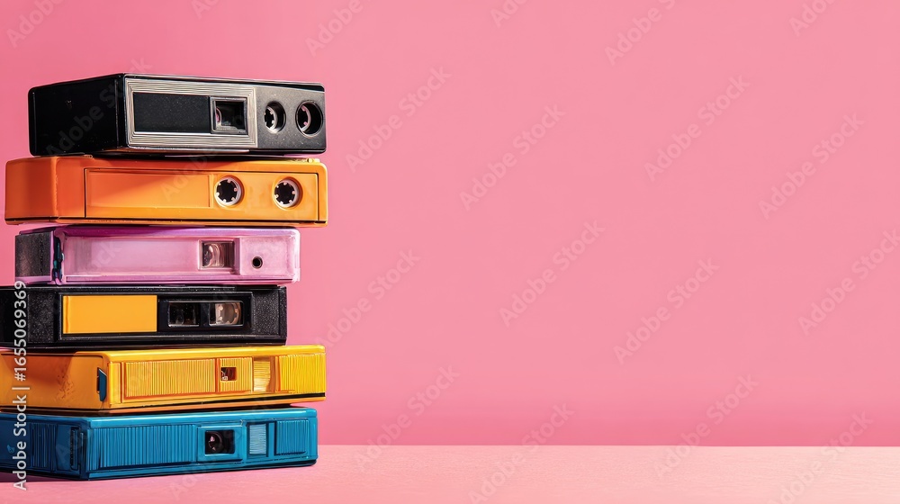 Obraz premium Vintage cameras stacked against a pink background.