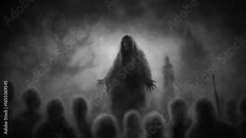 Scary shadows emerge from the fog. Creepy 2D animation. Horror fantasy genre. Coal and noise effect. Gloomy character from nightmares. Black and white background colors.