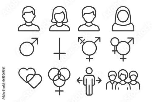 Icons representing gender identities and relationships in a simple, minimalist design suitable for educational or informational use