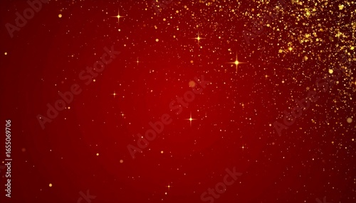 A festive, red backdrop is adorned with golden glitter particles, creating a dynamic and celebratory visual effect.