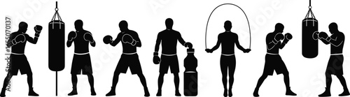 Boxing silhouettes with fighters, punching bags, skipping rope, training equipment, combat sports, fitness exercise, athletic movement, self defense, gym workout concepts