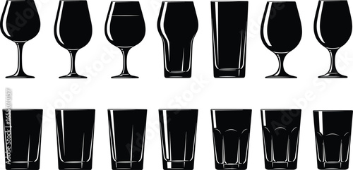 Collection of drinking glass silhouettes, wine, beer, cocktail, tumbler, shot, diverse barware shapes for beverage service, packaging, branding, design concepts