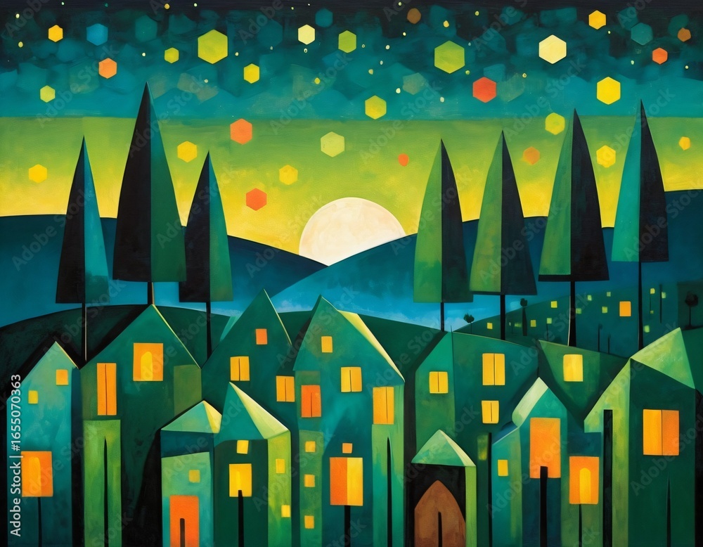 Obraz premium Abstract Village Scene at Night with Glowing Windows and Geometric Shapes