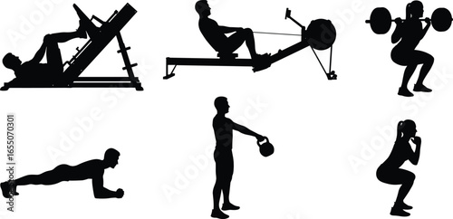 Exercise silhouettes, leg press, rowing machine, barbell squat, plank, kettlebell swing, bodyweight squat, workout, fitness, training, sport, gym, health, strength, muscle, vector, design, black
