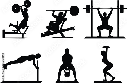 Exercise silhouettes, bench press, incline bench press, barbell squat, plank, kettlebell swing, overhead press, workout, fitness, training, sport, gym, health, strength, muscle, vector, design, black