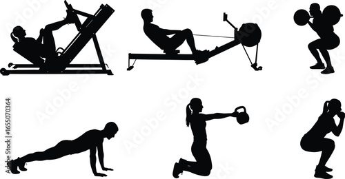 Exercise silhouettes, leg press, rowing machine, squat with weights, push‑up, kettlebell swing, bodyweight squat, workout, fitness, training, gym, sport, health, strength, muscle, vector, design
