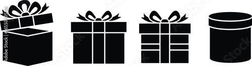 Gift box silhouettes, open lid, closed box, ribbon bow, cylindrical container, present packaging, celebration, holiday, birthday, surprise, decoration, festive, wrap, design, black, white, icon