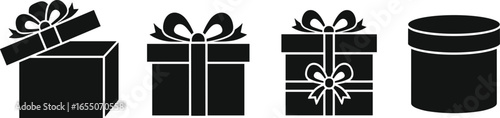 Gift box icons, open lid, closed box, ribbon bow, cylindrical container, present packaging, holiday, birthday, festive, celebration, wrap, design, vector, silhouette, decoration, surprise, black