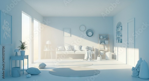 A minimalist room all in white with furniture and décor Sunlight floods in from the windows