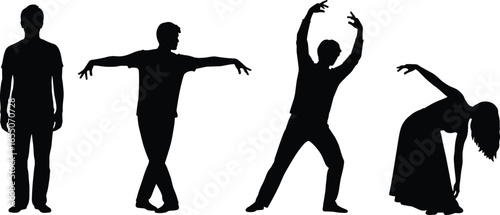 Set of diverse human silhouettes in standing, stretching, bending poses, creative figure references for design, fashion, dance, art, illustration concepts