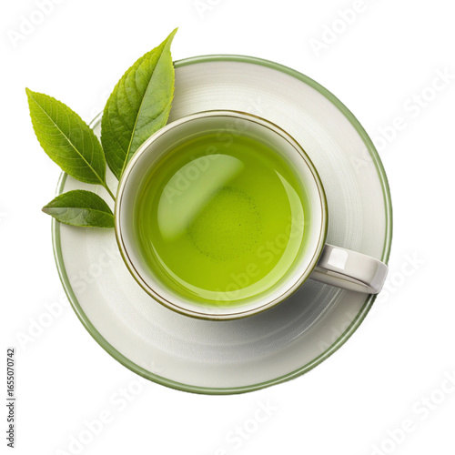 A cup of green tea on a saucer isolated on transparent background for refreshment