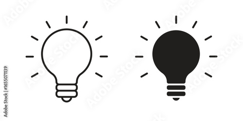 Two simple lightbulb icons: one line art, one solid black, both with rays, isolated on white.