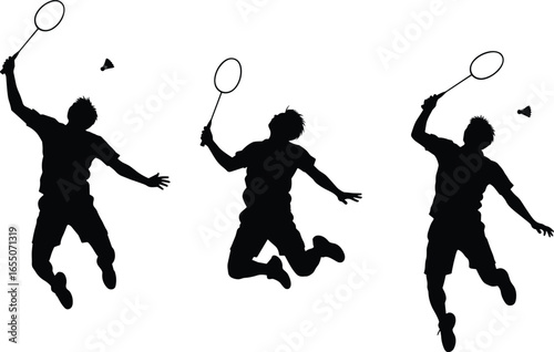 Silhouette, badminton, player, jump, smash, shuttlecock, racket, sport, action, athlete, agility, competition, game, match, indoor, outdoor, fitness, training, exercise, movement, skill, dynamic