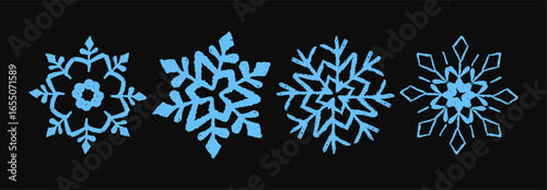 Set of cute blue Xmas snowflakes drawn in pastel, crayon, chalk, and charcoal textures. A holiday collection for kids featuring frozen, grunge style Christmas crystal squiggle art. Vector illustration