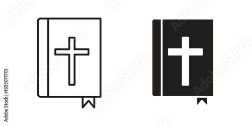 Two simple Bible icons: one line art, one solid black, both featuring a cross. Isolated on white.