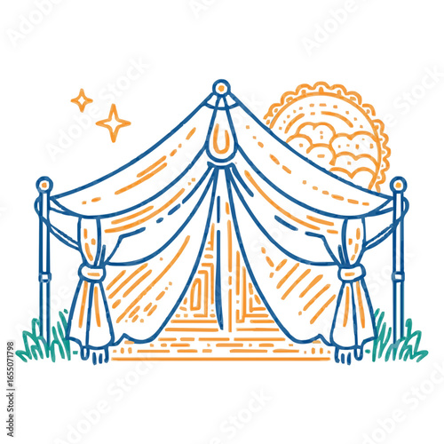 Tent icon, doodle style, blue and orange, camping concept -