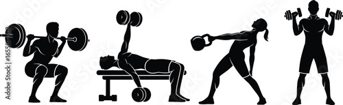 Silhouette, weightlifting, fitness, gym, training, workout, strength, exercise, squat, bench press, kettlebell, dumbbell, muscle, sport, athlete, power, endurance, bodybuilding