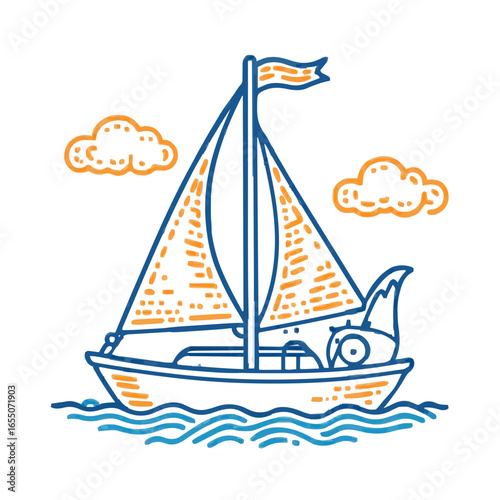 Sailboat icon, lineart illustration, blue orange, nautical voyage-