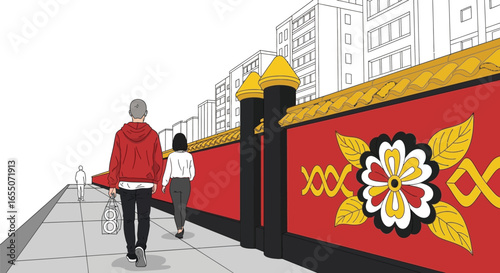 Modern city stroll past vibrant walls, contemporary life meets tradition