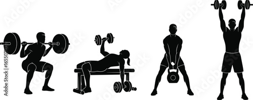 Silhouette, weightlifting, strength, training, fitness, gym, workout, squat, bench press, kettlebell swing, overhead press, exercise, sport, athlete, bodybuilding, muscle, power, endurance