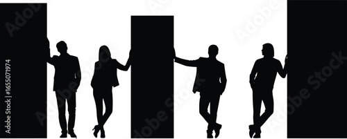 Silhouettes of business people leaning on pillars, standing in suits, teamwork concept, corporate posture, professional office scene, workplace illustration design