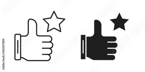 Two thumbs up icons, one line art, one solid, each with a star, isolated on white.
