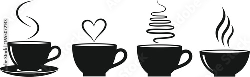 Silhouettes of coffee cups with steam designs, heart shape, spiral and wavy lines, hot drink, café beverage, illustration concept