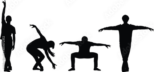 Silhouettes of four dancers in expressive poses, diverse dance movements, vector art, black design, performing arts illustration, isolated background, motion concept