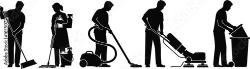 Silhouettes of people cleaning with broom, spray bottle, vacuum, floor buffer, trash removal, janitorial service, hygiene, sanitation, black vector illustration
