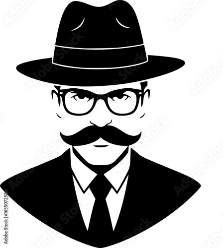 Secret agent icon in a hat and glasses mustache and tie. Vector illustration

