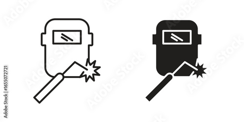 Vector illustration of a welding mask and torch. Two variations: outline and solid. Isolated on white.