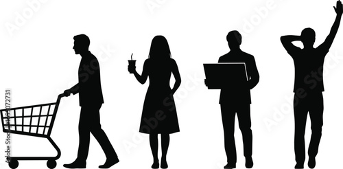 Silhouettes of people in everyday activities, pushing cart, drinking, holding sign, posing, lifestyle concept, human behavior, casual illustration design