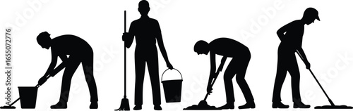 Silhouettes of people cleaning with mop and broom, hygiene maintenance, janitorial work, household chores, sanitation concept, black vector illustration design