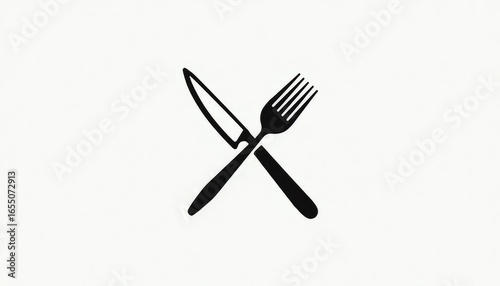 Minimalist black knife and fork icon crossed on a light background for restaurant and culinary design concepts
