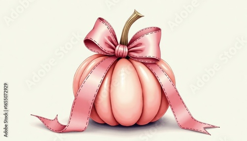 Pink pumpkin with a bow on a soft pastel background
