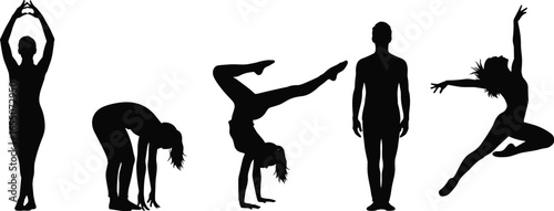 Silhouettes of people mopping, sweeping, vacuuming, holding cleaning supplies, squeegee, hygiene maintenance, janitorial service, sanitation, black vector illustration design