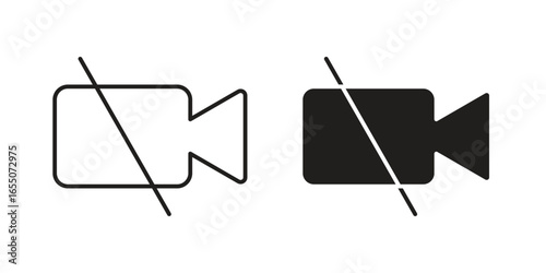 Two simple video camera icons, one line art, one filled, both with a cross indicating disabled or off status. Isolated on white.