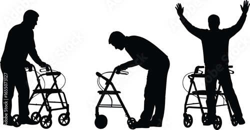 Silhouettes of person using walker, standing upright, bending forward, arms raised, mobility aid stages, physical therapy, rehabilitation, recovery, elderly disability support