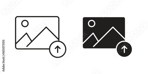 Simple line art and solid icons depicting image upload. Isolated on white background.